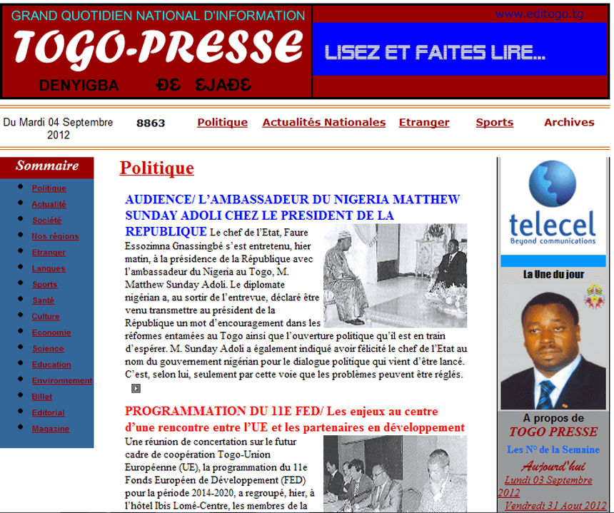 Togo News Today. Togo-presses